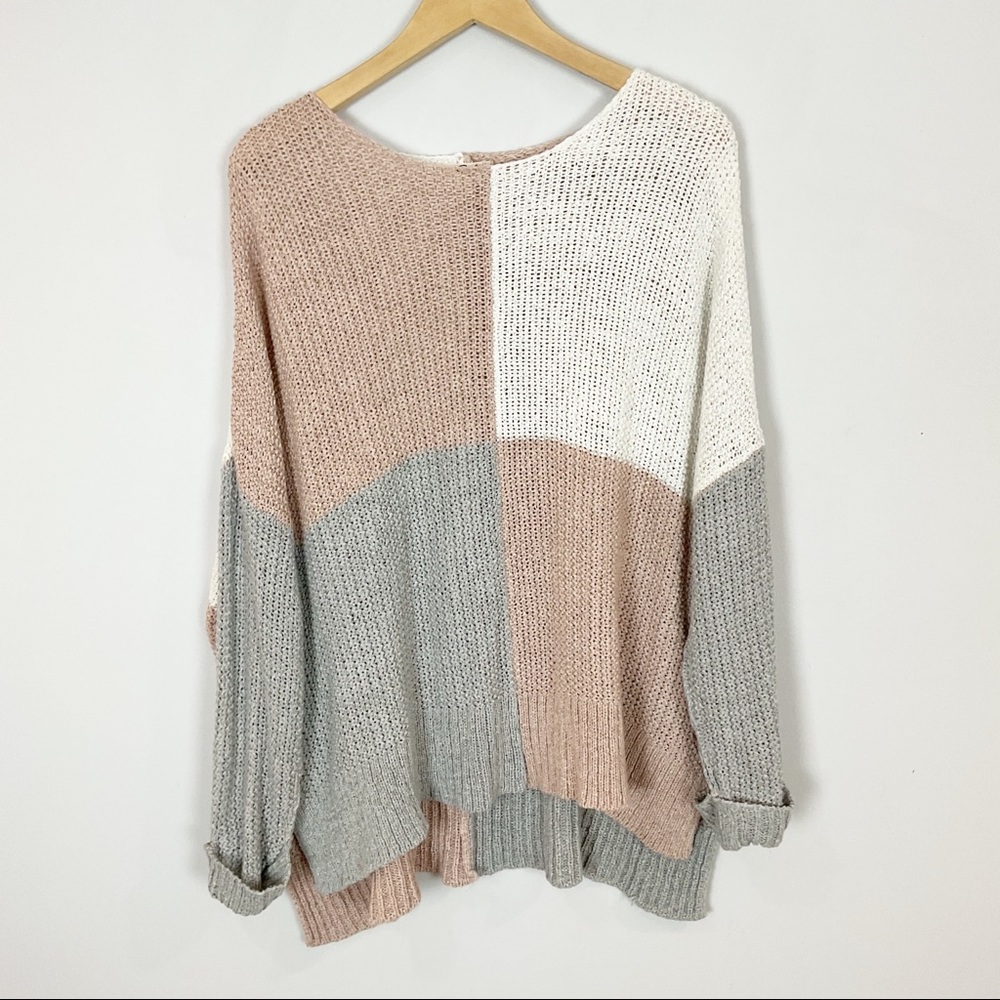 Vici Colorblock Crew Neck Sweater - Pink, White, Gray